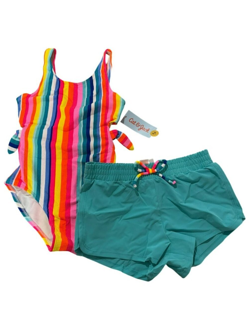 Cat & Jack Girls Striped One-Piece Swimsuit & Teal Swim Shorts Set Size M (8) Ne